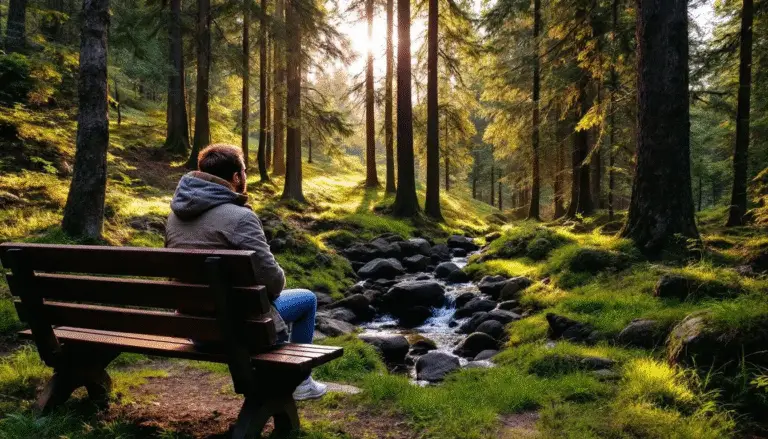 Een man zit op een houten bankje aan de rand van een bosrijke vallei met een kabbelend beekje, terwijl zonnestralen door de bomen schijnen.