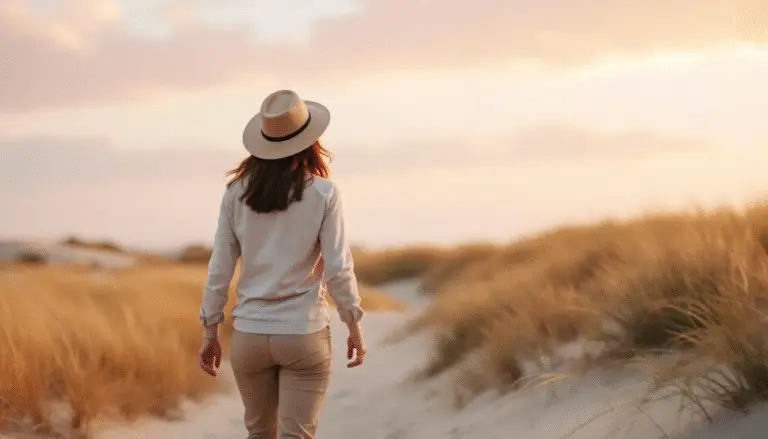 Een vrouw met een hoed wandelt over een duinpad bij zonsondergang, omringd door hoge gouden grassen; dit beeld straalt rust en vrijheid uit.